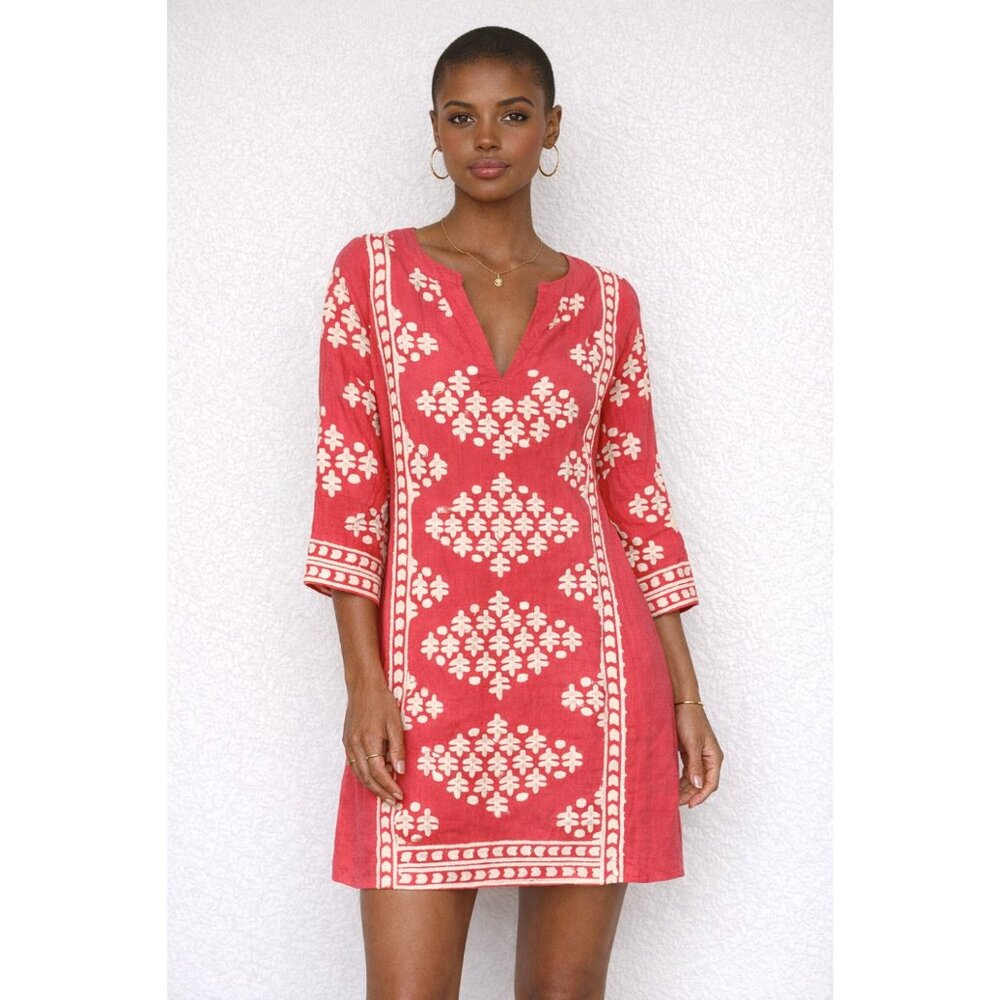 Pink and White J Crew Linen Dress, Batik Design, Floral
